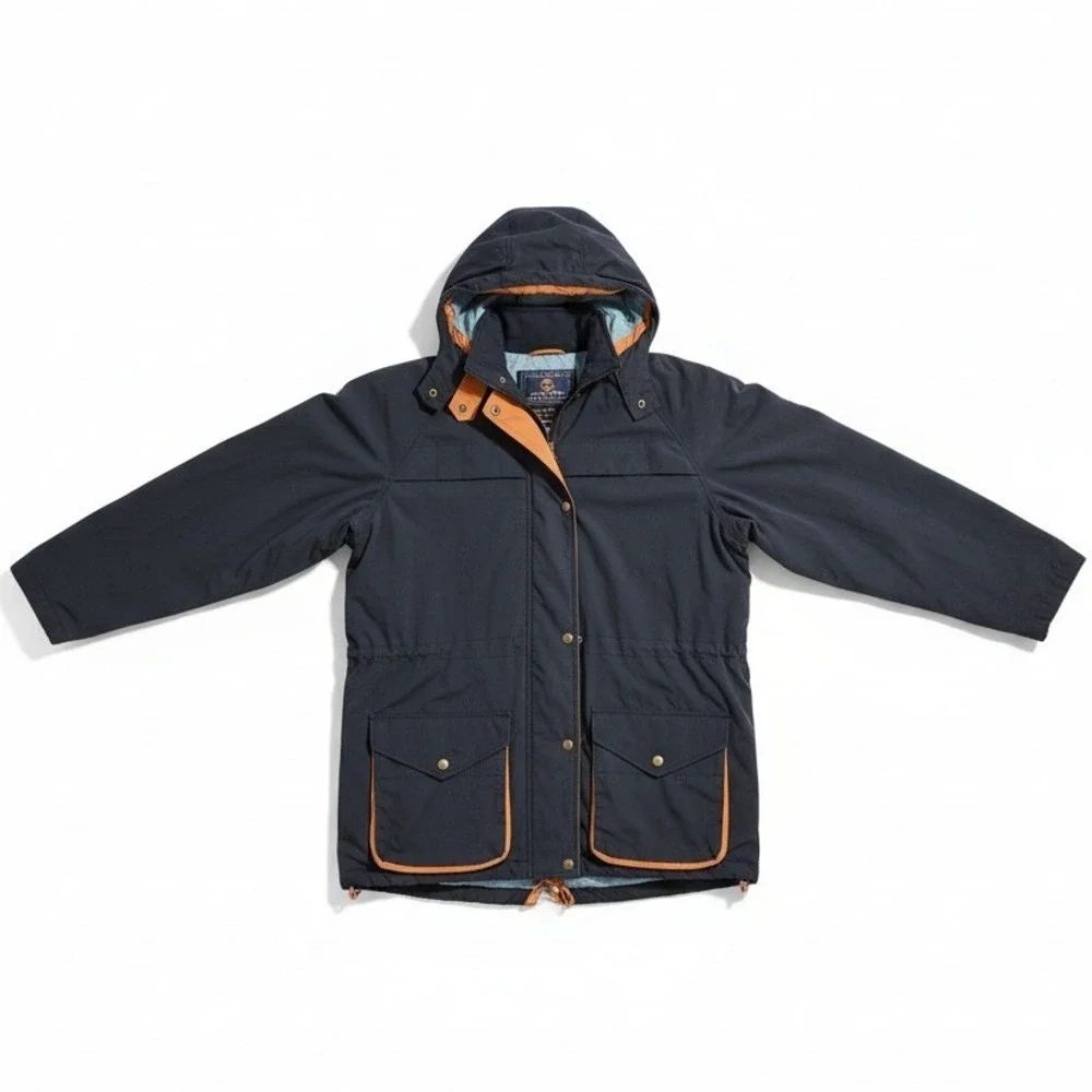 The Limited Men Navy Blue Hooded Parka Jacket Tan Trim Utility Field Coat Medium
